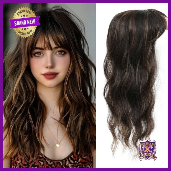 20 Inch Long Wavy Curly Hair Topper with Clip-in Bangs for Thinning Crown main image 5